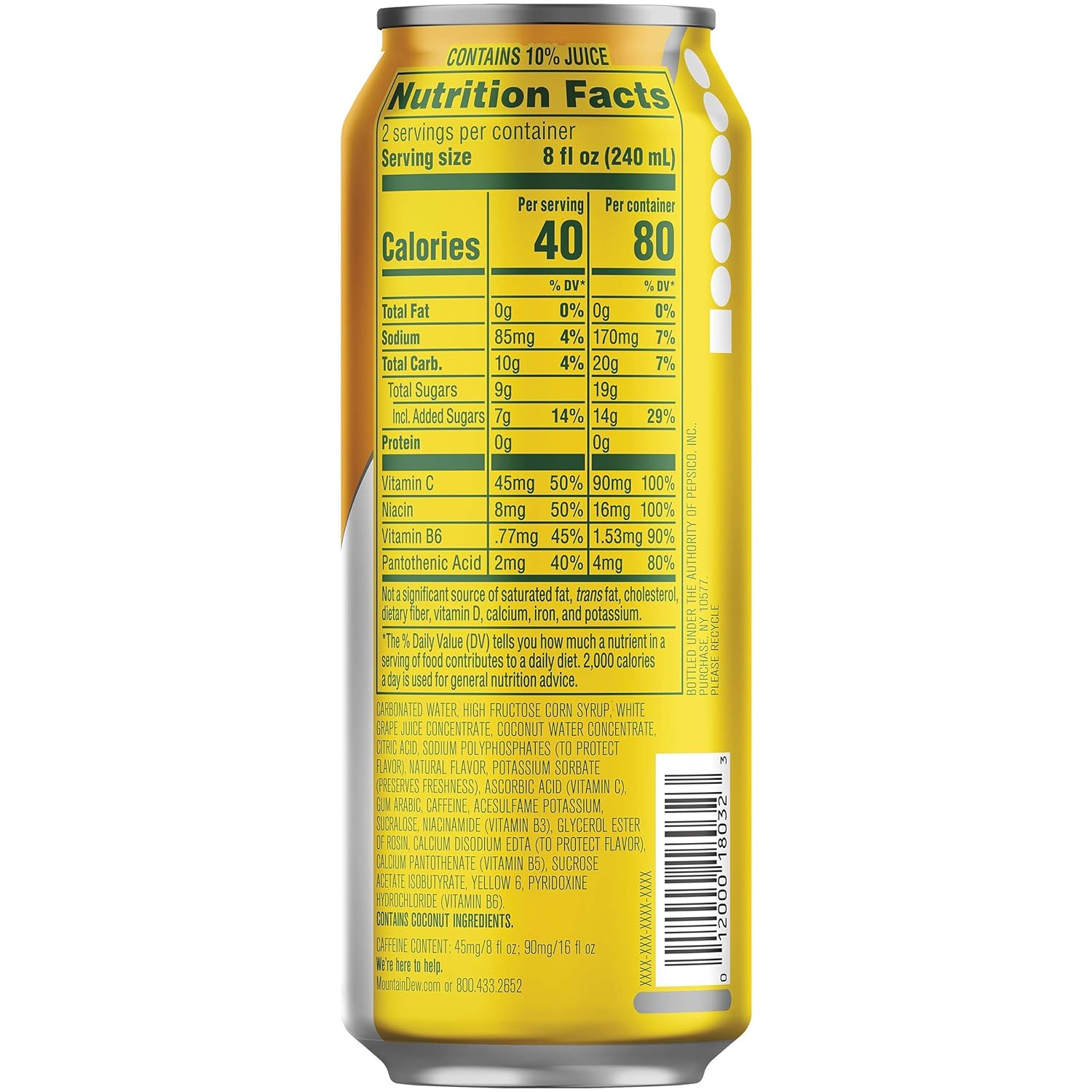 Mountain Dew Kickstart， Pineapple Orange Mango， 90mg Caffeine， Vitamins B & C， 80 Calories， 10% Juice， 16 fl oz (12 Count) - Image 2
